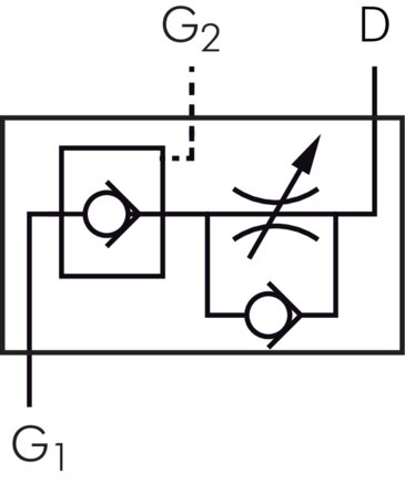 Schematický symbol: Zpetný ventil škrticí klapky (regulace odpadního vzduchu) s odblokovatelným zpetným ventilem